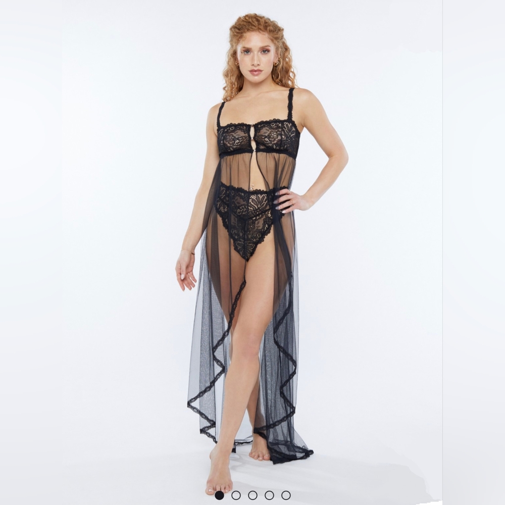 Savage X Fenty Corded Lace and Tulle Maxi Slip in Black, Size Small - Picture 2 of 11